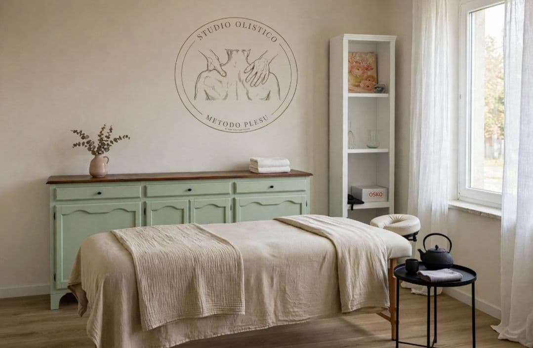 La stanza dei trattamenti: lettino coperto di lino, credenza verde salvia con il sigillo dello studio alla parete, finestra con tende chiare